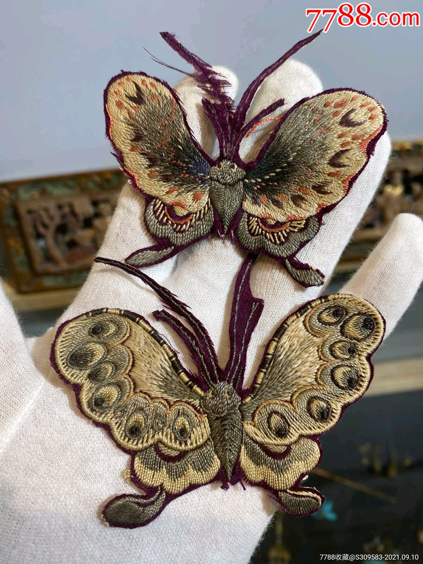 清代刺绣老绣蝴蝶一对