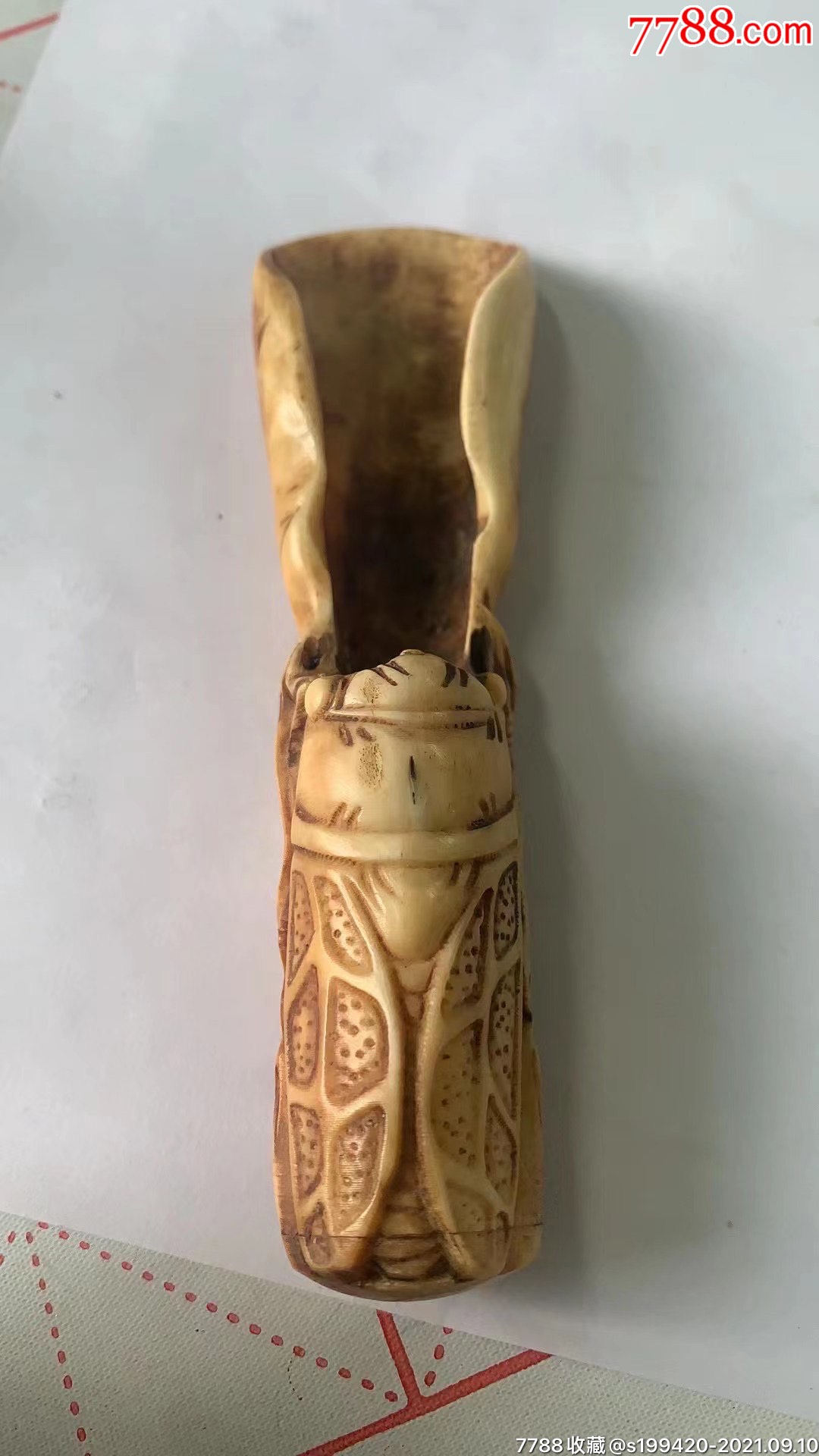 骨雕茶匙精雕金蝉形象逼真雕工精细完好全品包老包真