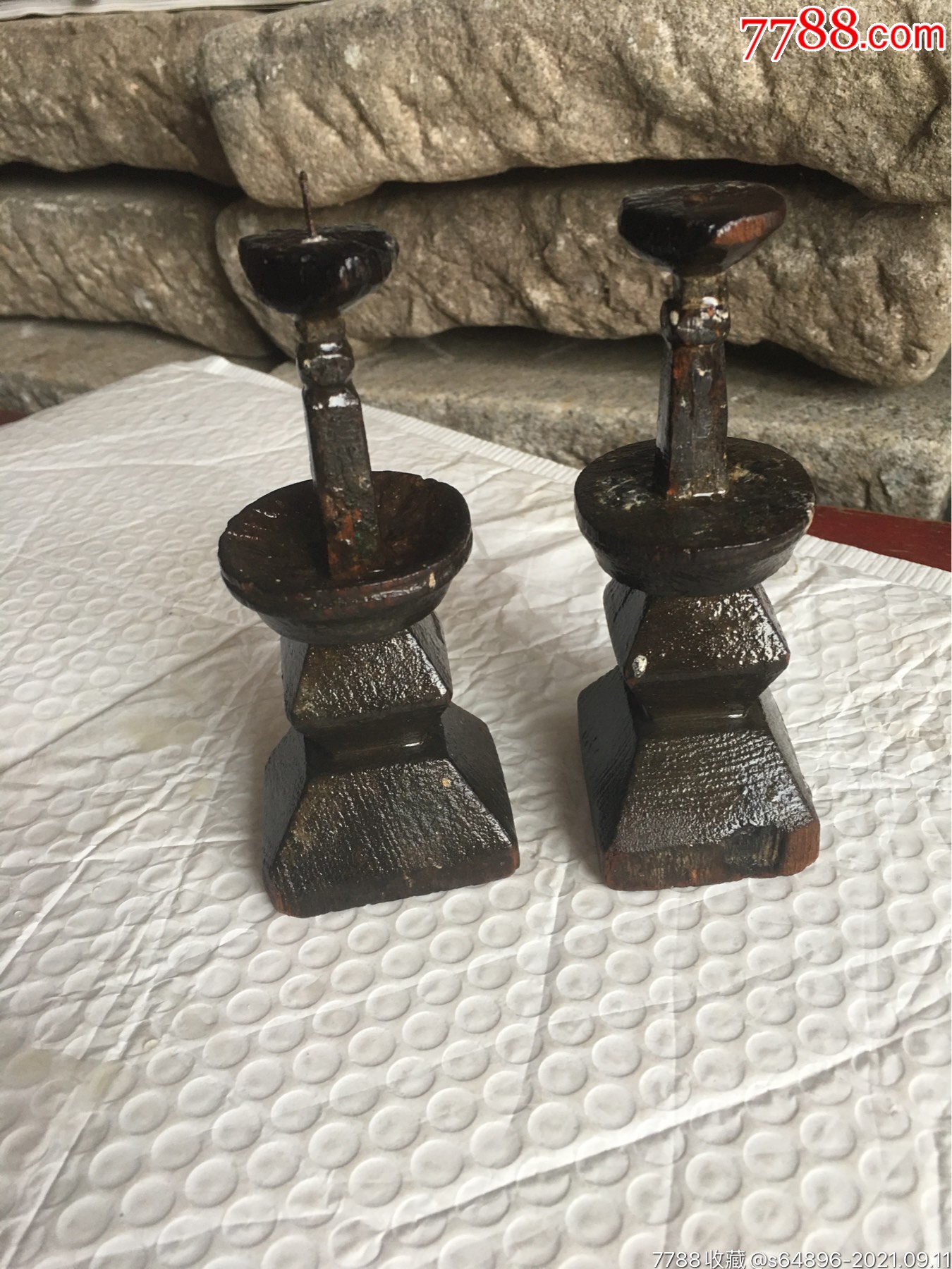 一对清代美工老木头蜡台