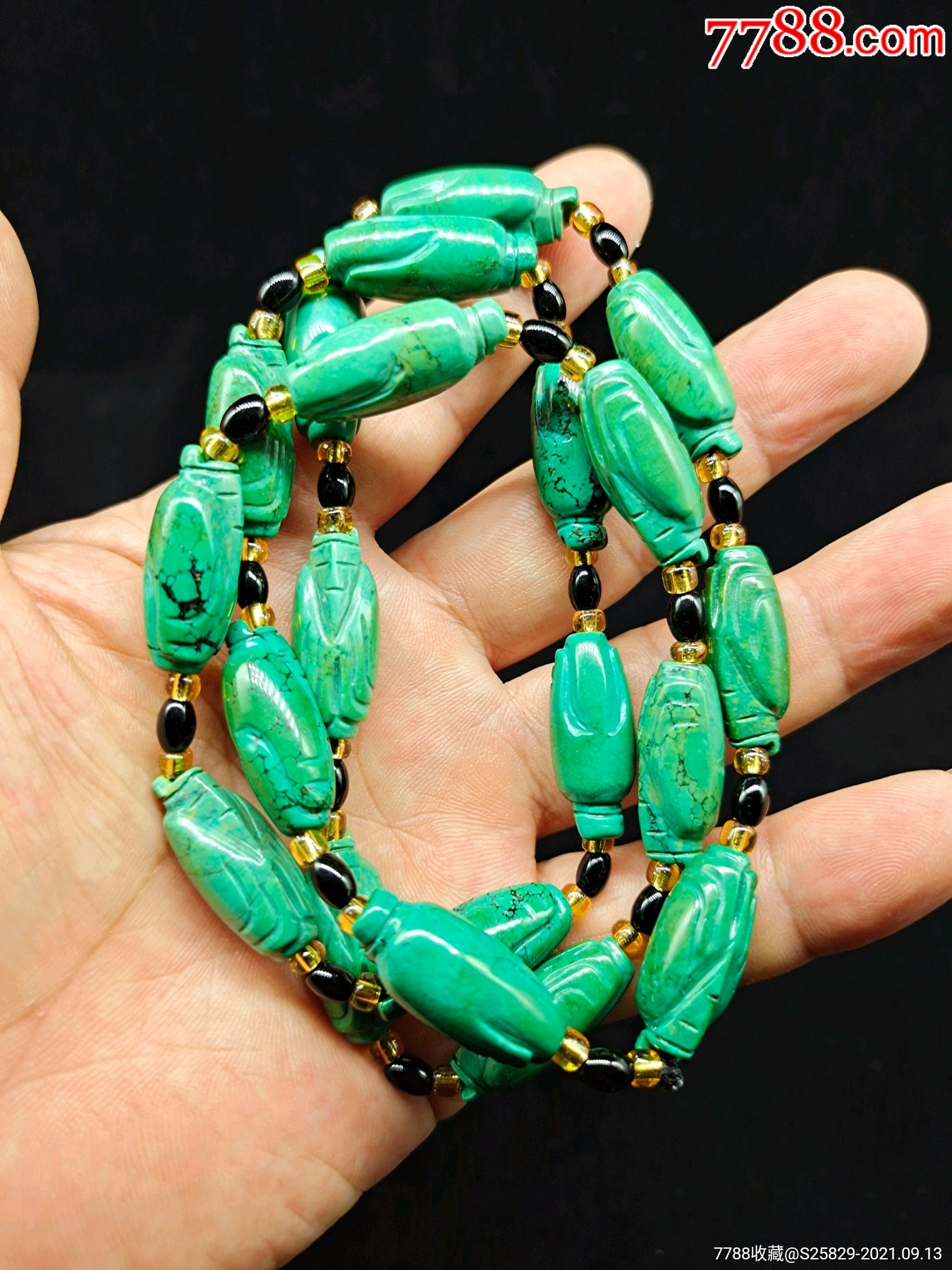 旧藏绿松石雕翁仲项链串珠