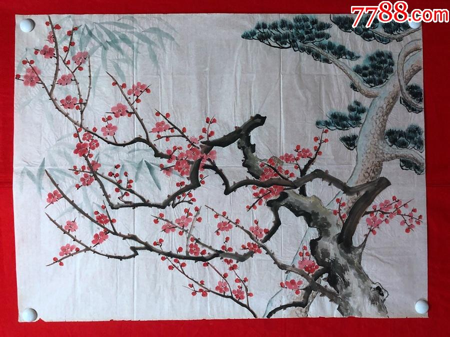书画14609杨炯无款工笔写意花鸟画松竹梅尺寸约为867厘米