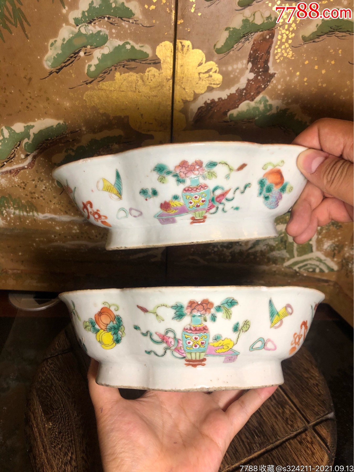 清晚粉彩博古纹水仙盆一对_旧瓷器_万锦轩【7788收藏__收藏热线】