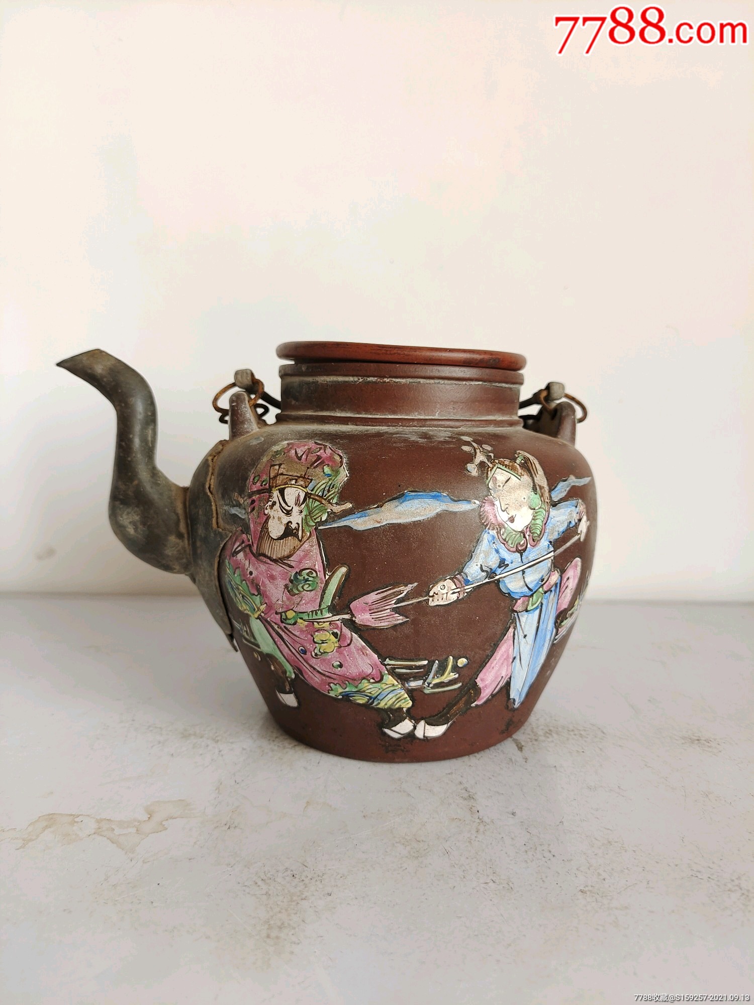 清代五彩人物紫砂壶一把画工好砂质好年份好盖后配完整