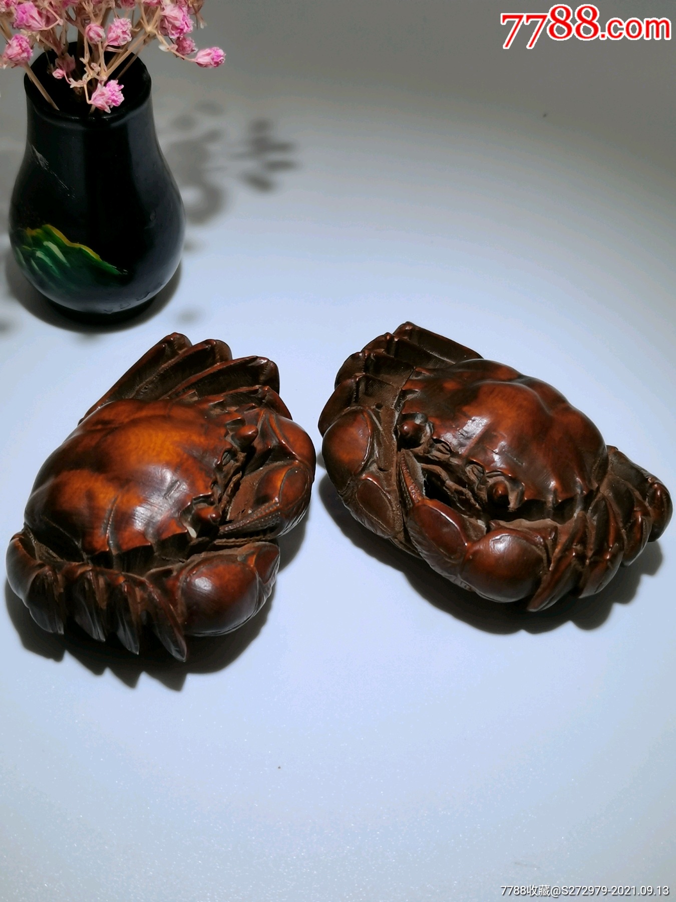 苏工黄杨木八方来财螃蟹摆件一对-木雕摆件-7788商城__七七八八商品