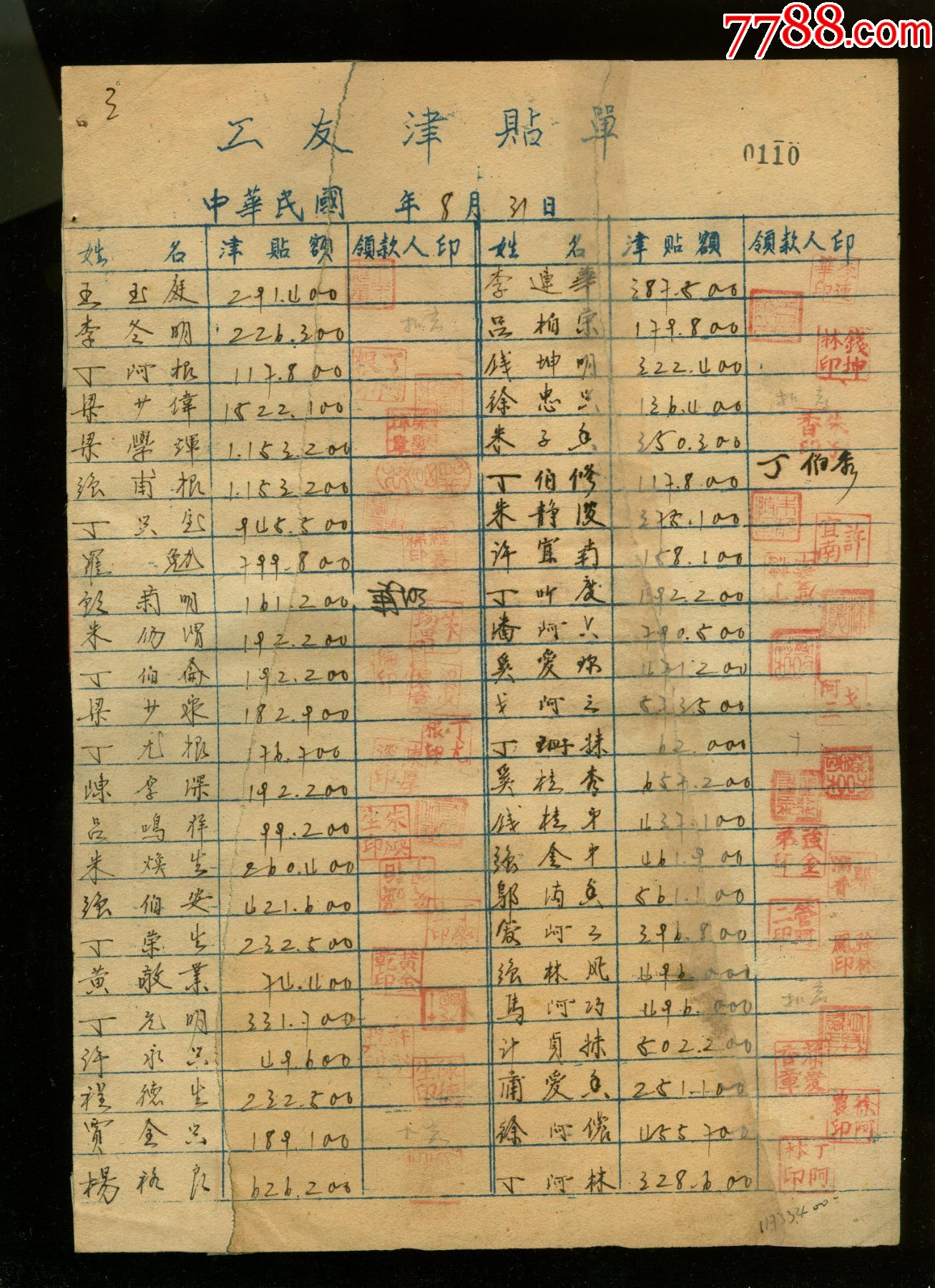 民国汇明厂大无畏电筒工资表5张背面都贴联运图有的加盖汇明