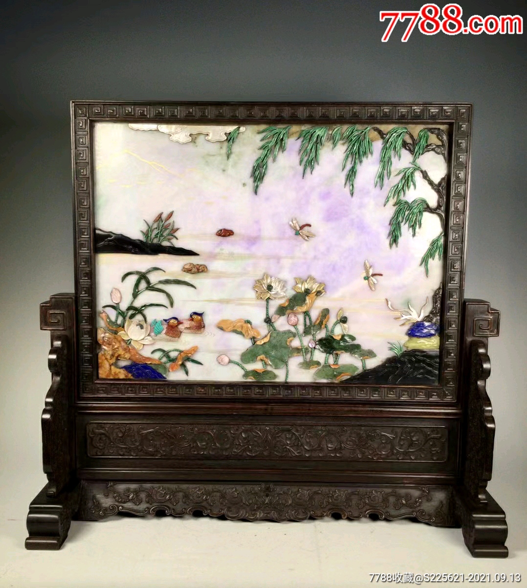 天然翡翠嵌百宝荷塘美景插屏-木屏风-7788商城__七七八八商品交易平台