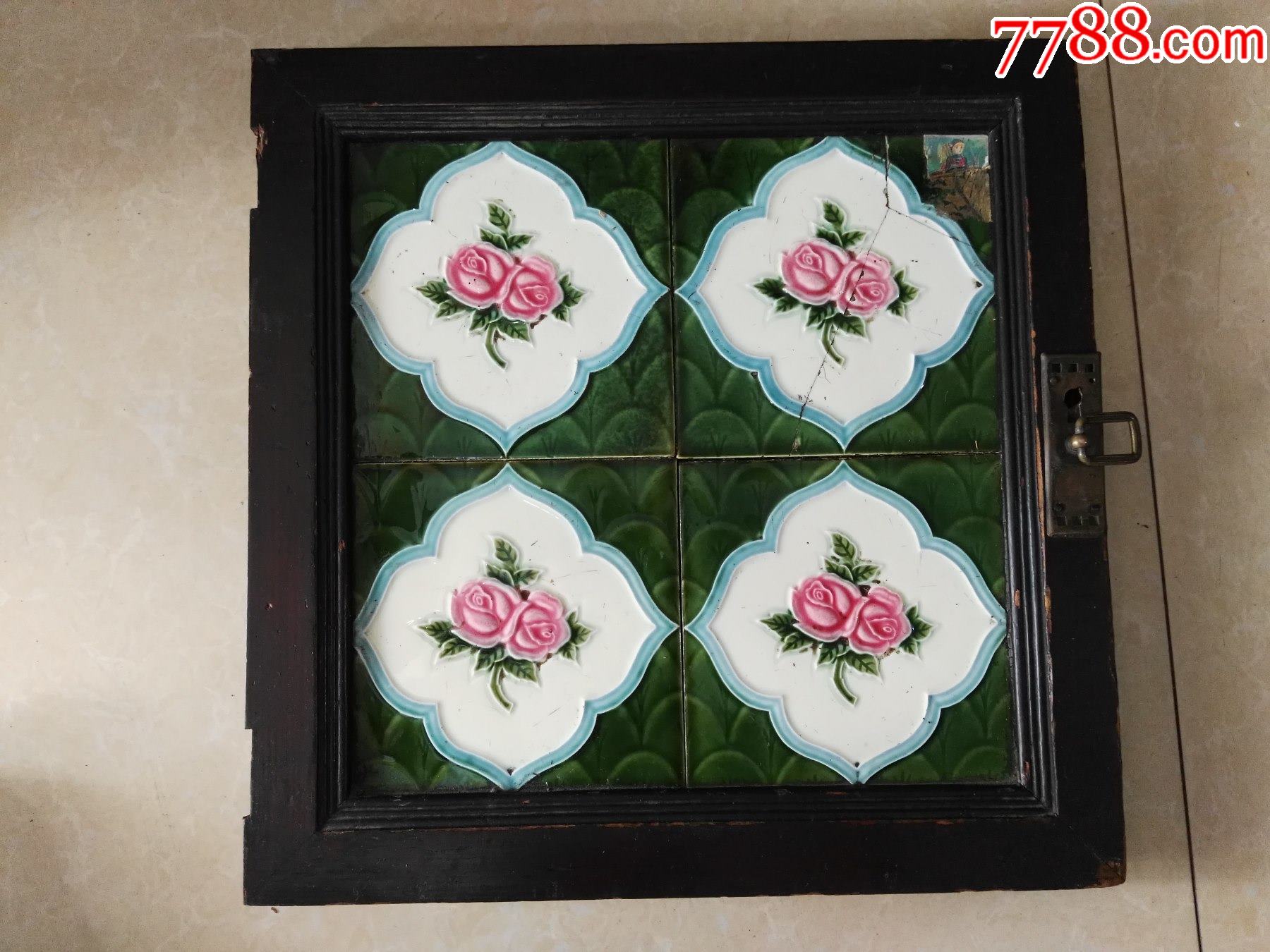民国玫瑰花半起鼓瓷砖4块一套