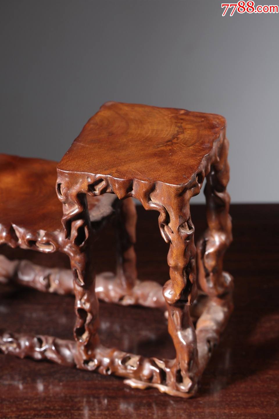 龙眼木整料雕留疤文房高低案上几-木雕底座-7788木艺