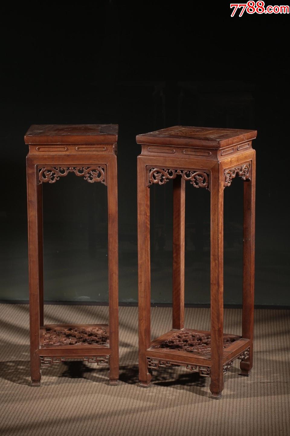 龙眼木雕龙纹花几一对