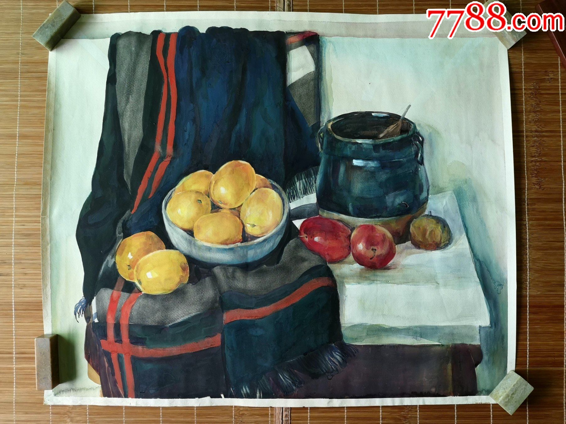 《静物:陶罐和水果》小2开_水粉/水彩原画_第1张_7788字画网