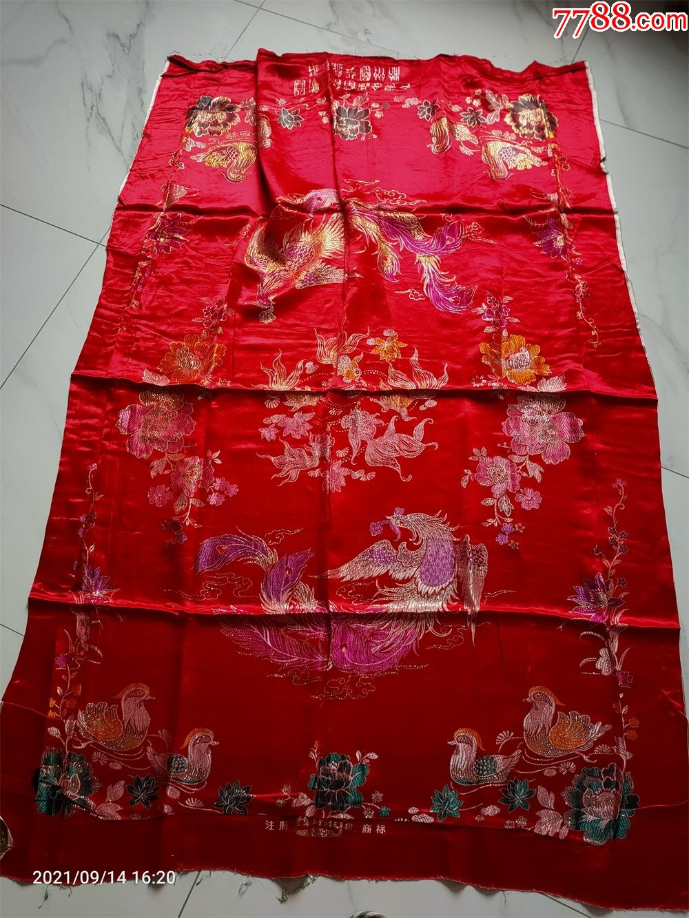 怀旧收藏彩缎被面红色杭州产吉祥凤凰图案尺寸130190cm