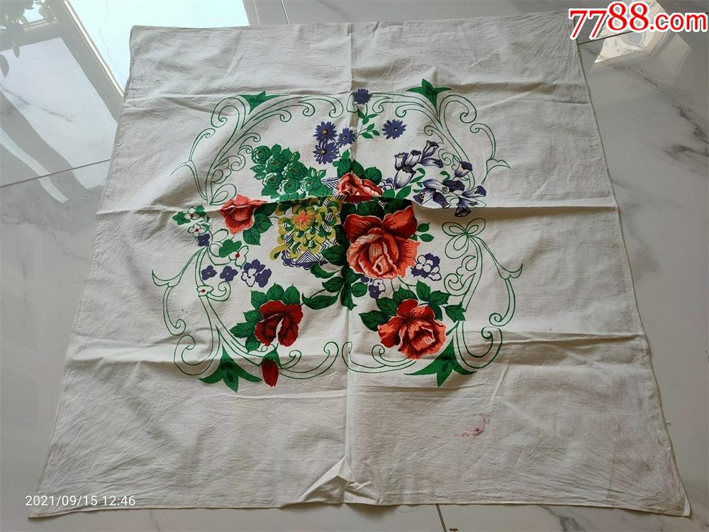 怀旧收藏八十年代包袱皮蔷薇花图案尺寸7777cm