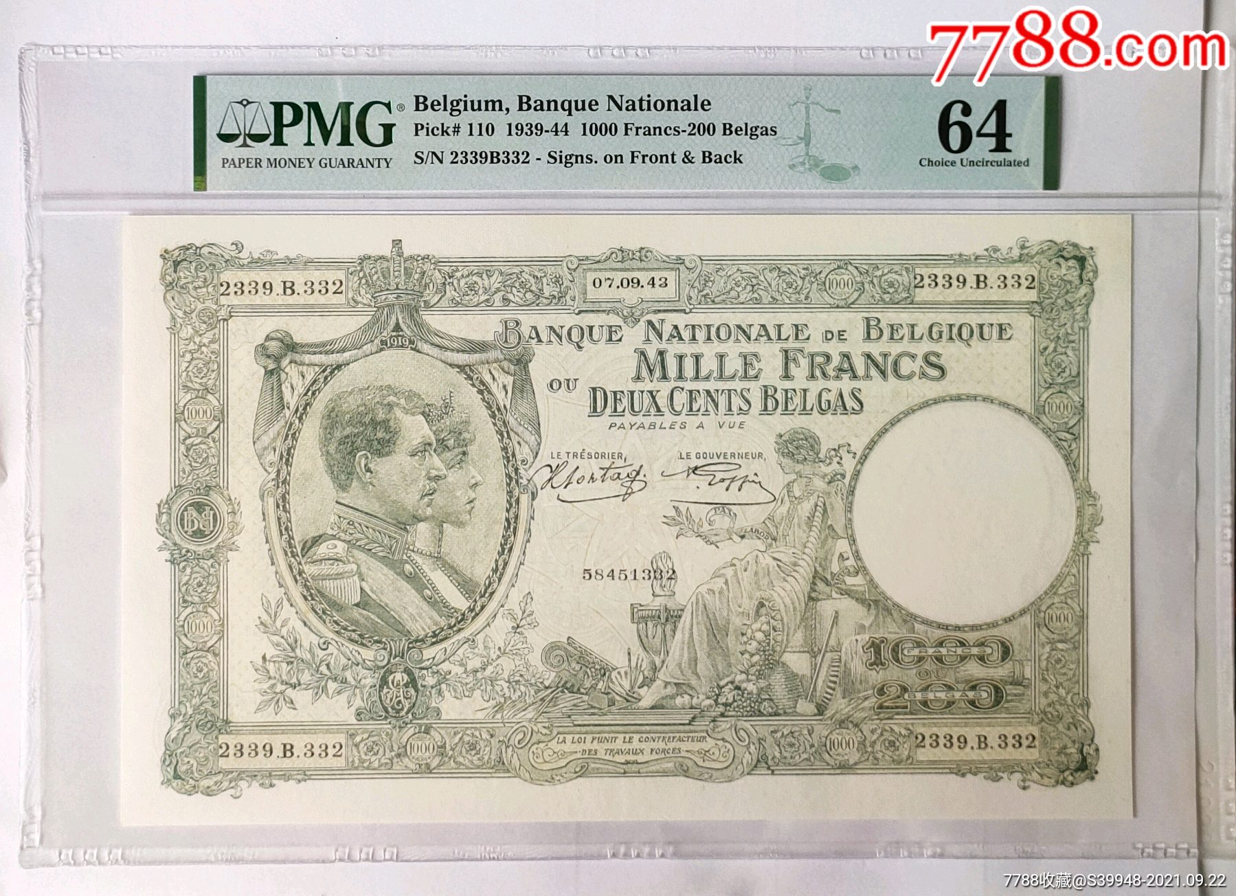 超大型钞票193944年比利时1000法郎pmg64