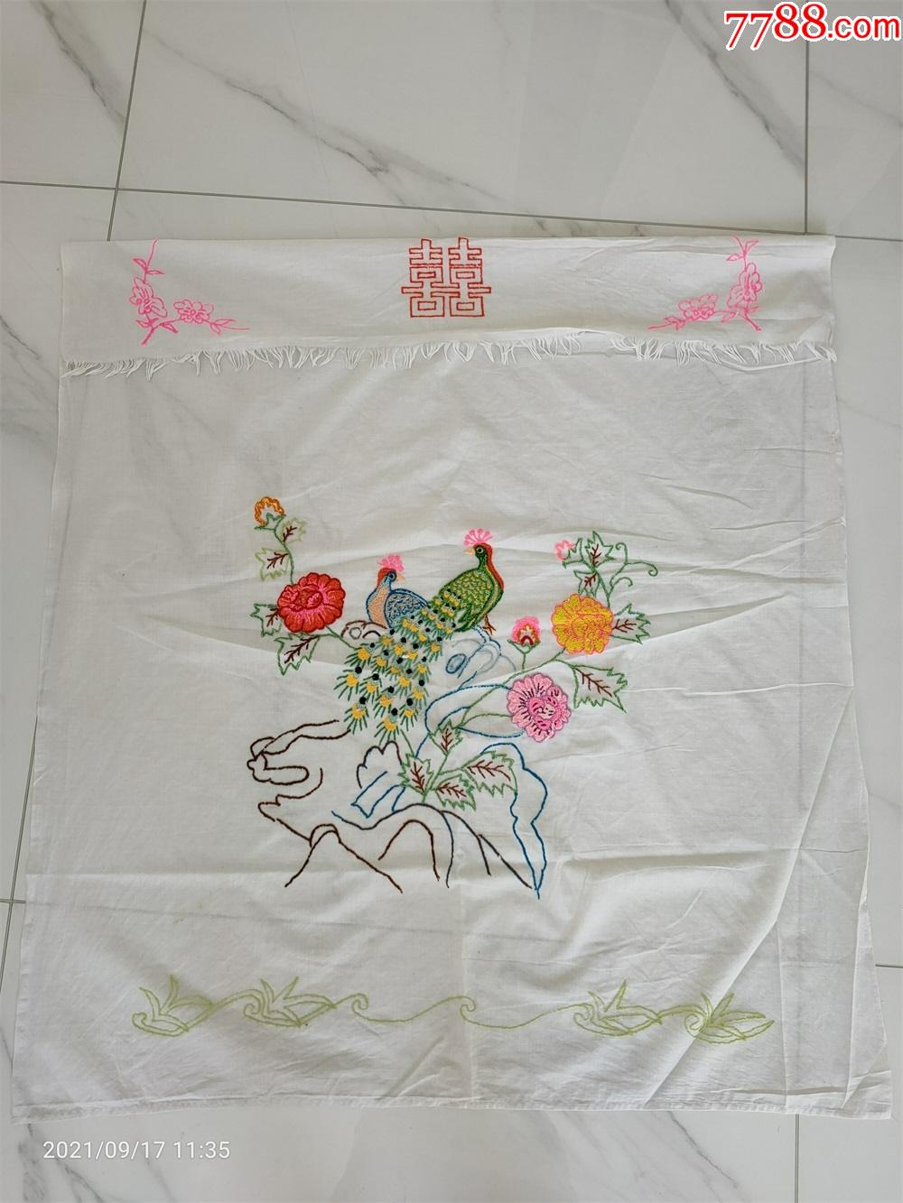 怀旧收藏八十年代门帘刺绣凤凰牡丹图案尺寸90*100cm