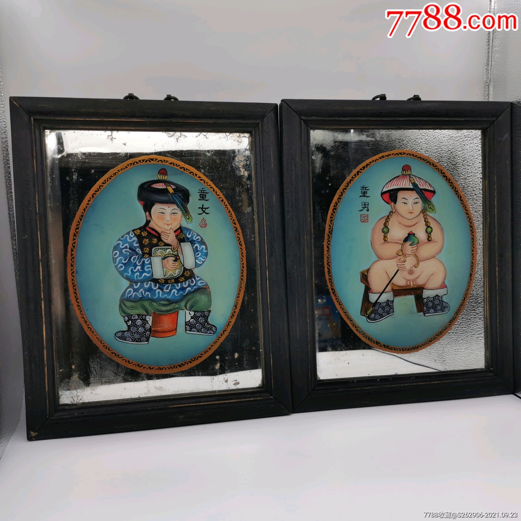 宽29厘米图绘童男童女,用彩考究,画工精湛,生动通灵,玻璃水银老化自然