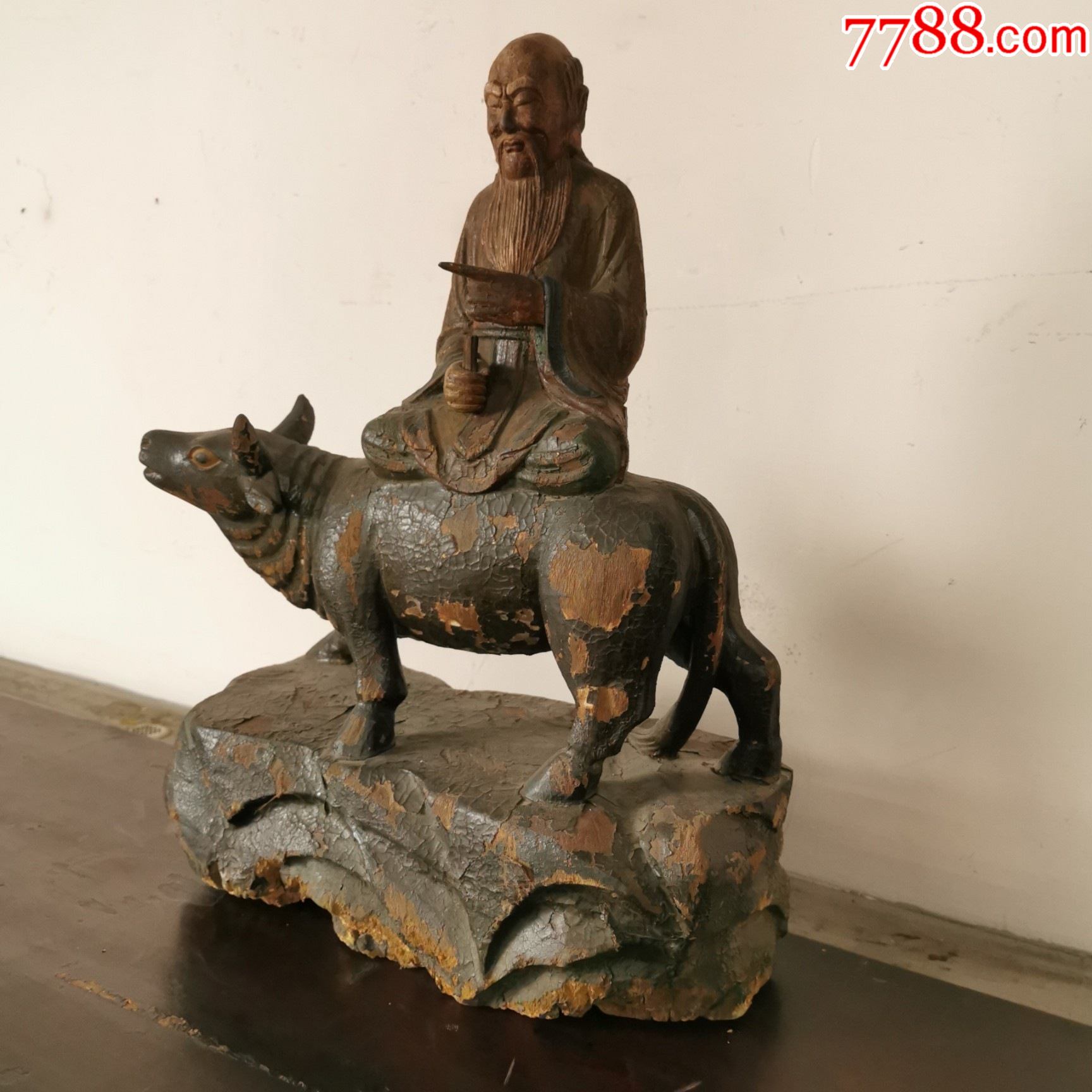 清代木雕老子骑牛像道教老子出关木雕像