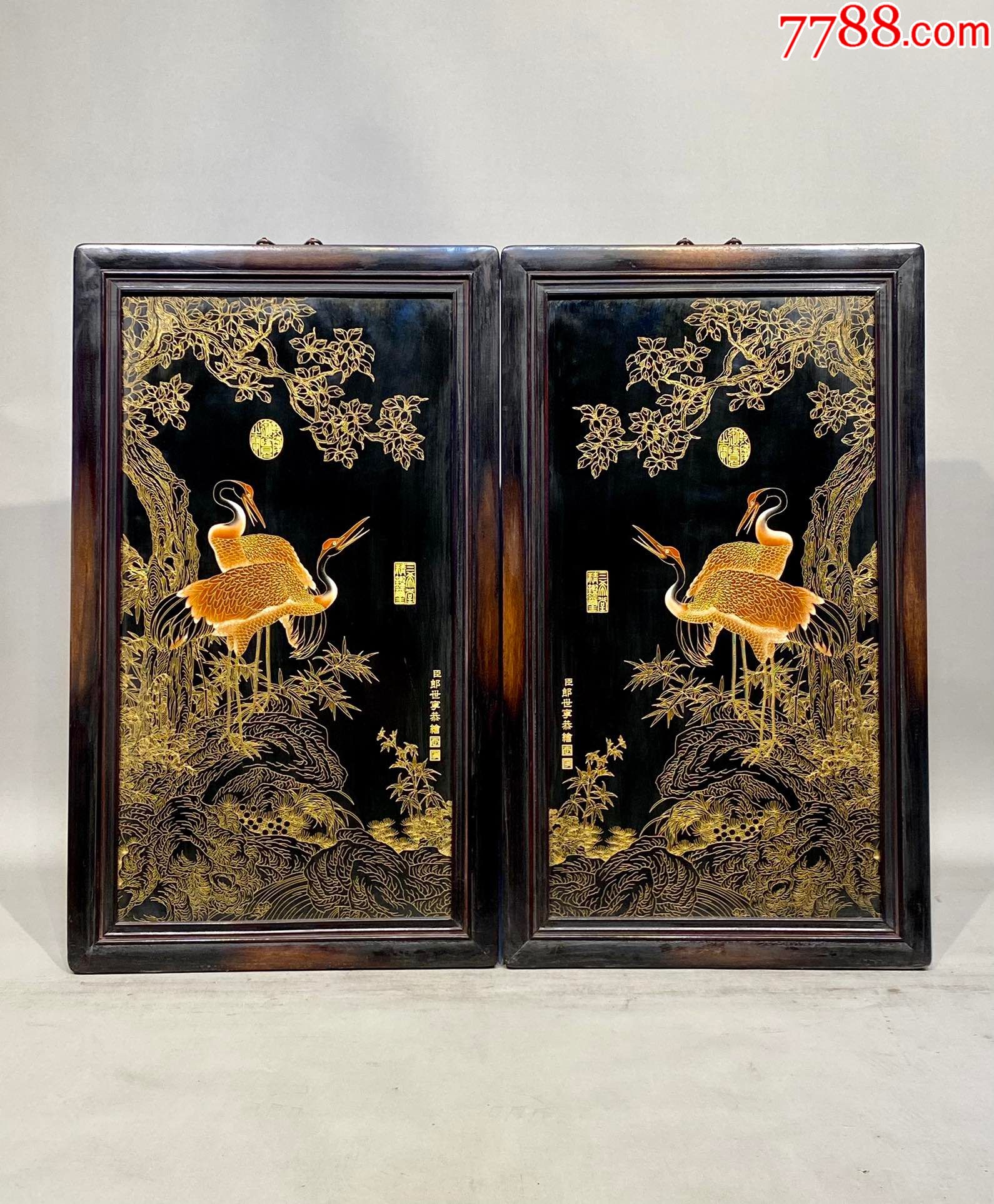 郎世宁作品精品小叶紫檀老框镶瓷板画黑底掐丝珐琅鹤唐卡挂屏