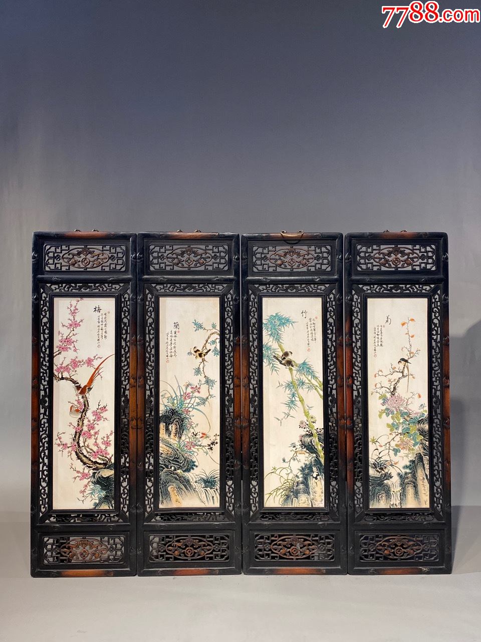 小叶紫檀雕刻精品老框镶瓷板粉彩梅兰竹菊花鸟四条挂屏