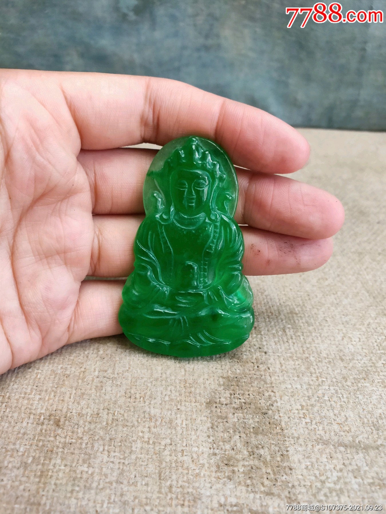 冰种翡翠观音老牌子手工雕刻满绿398元便宜出