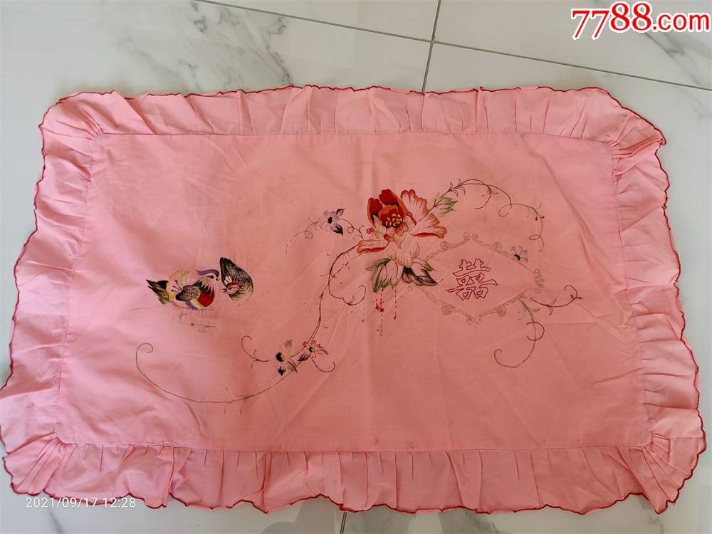 怀旧收藏八十年代枕套单只鸳鸯花朵图案