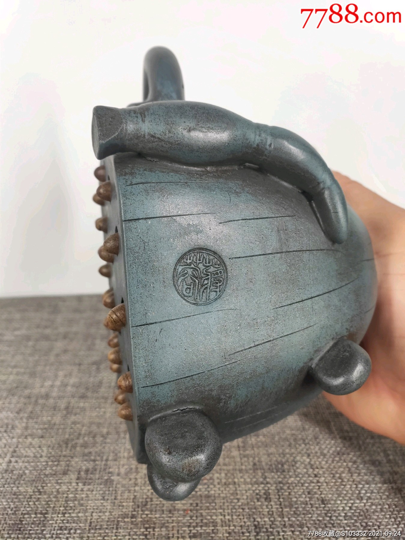 旧藏蒋蓉底款绿泥莲子青蛙壶一把包浆醇厚包存完整收藏的佳品