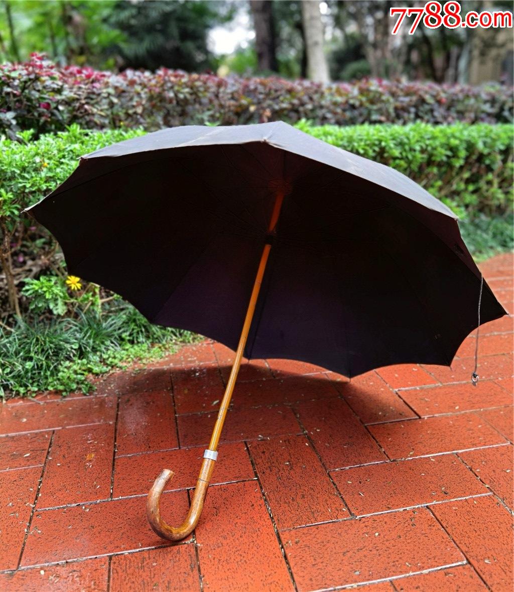 怀旧收藏2108边疆早期特大号藤木弯柄布质雨伞昆明伞厂双环牌93cm