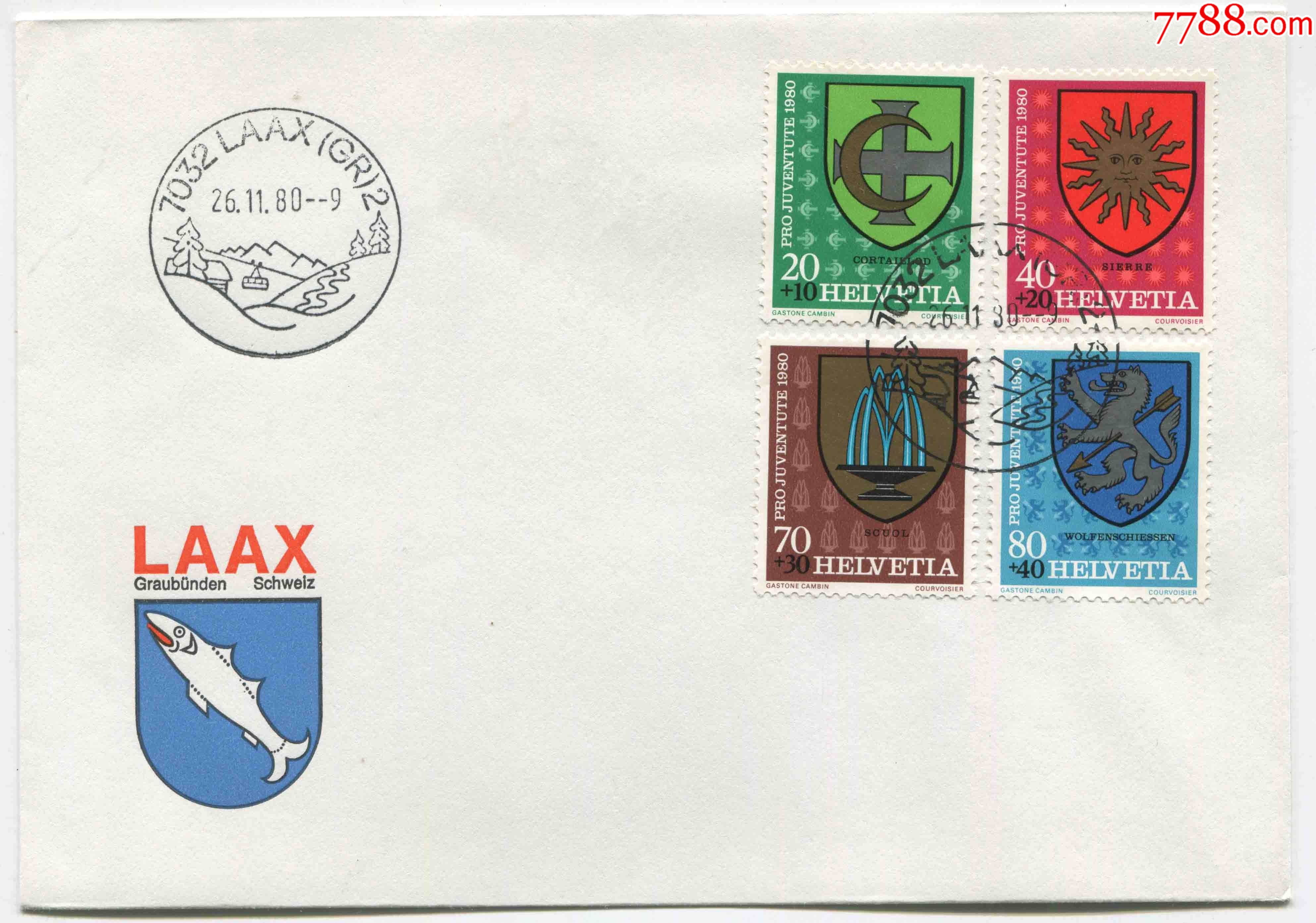 瑞士邮票1980年城徽4全首日封h11_信封/实寄封_不如纸【7788收藏__收