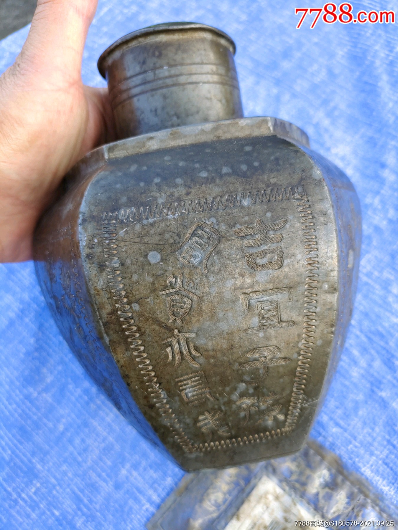 考"字三花鸟图六角锡质茶叶罐_锡壶/锡器_温州丽子【7788明信片收藏】
