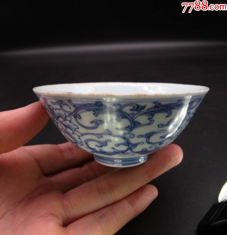 清代嘉庆青花淡描缠枝花卉茶碗明清景德镇瓷器收藏真品开门老货