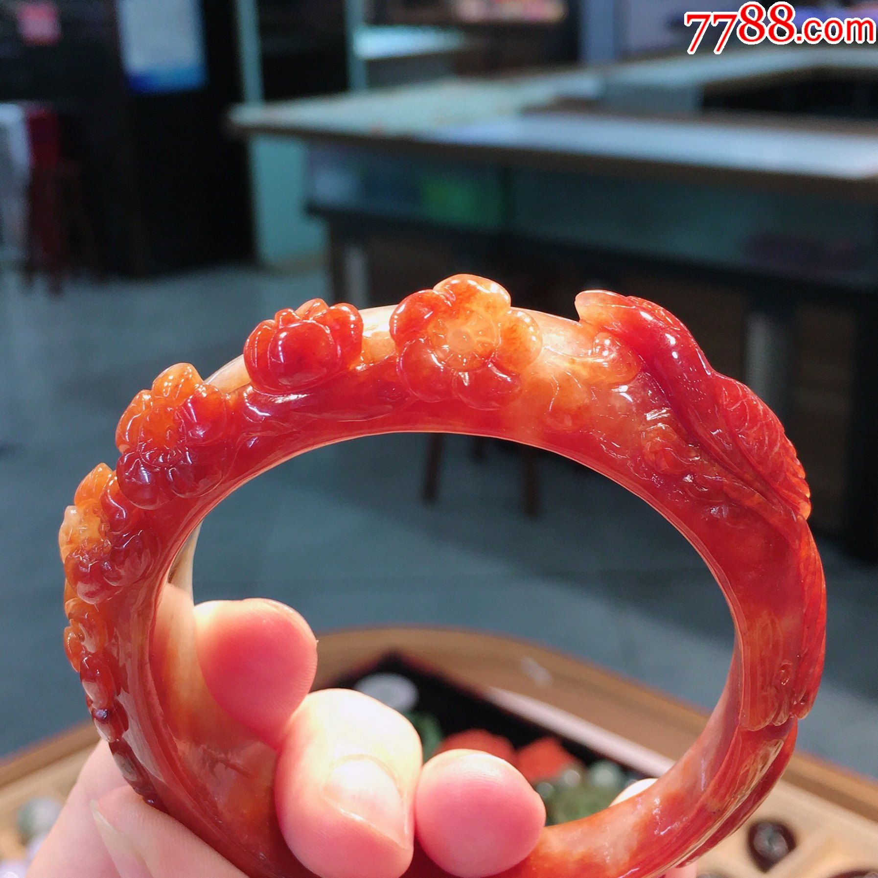 天然翡翠a货老坑正圈玉手镯冰糯种红翡喜上眉梢精雕水润玉镯子