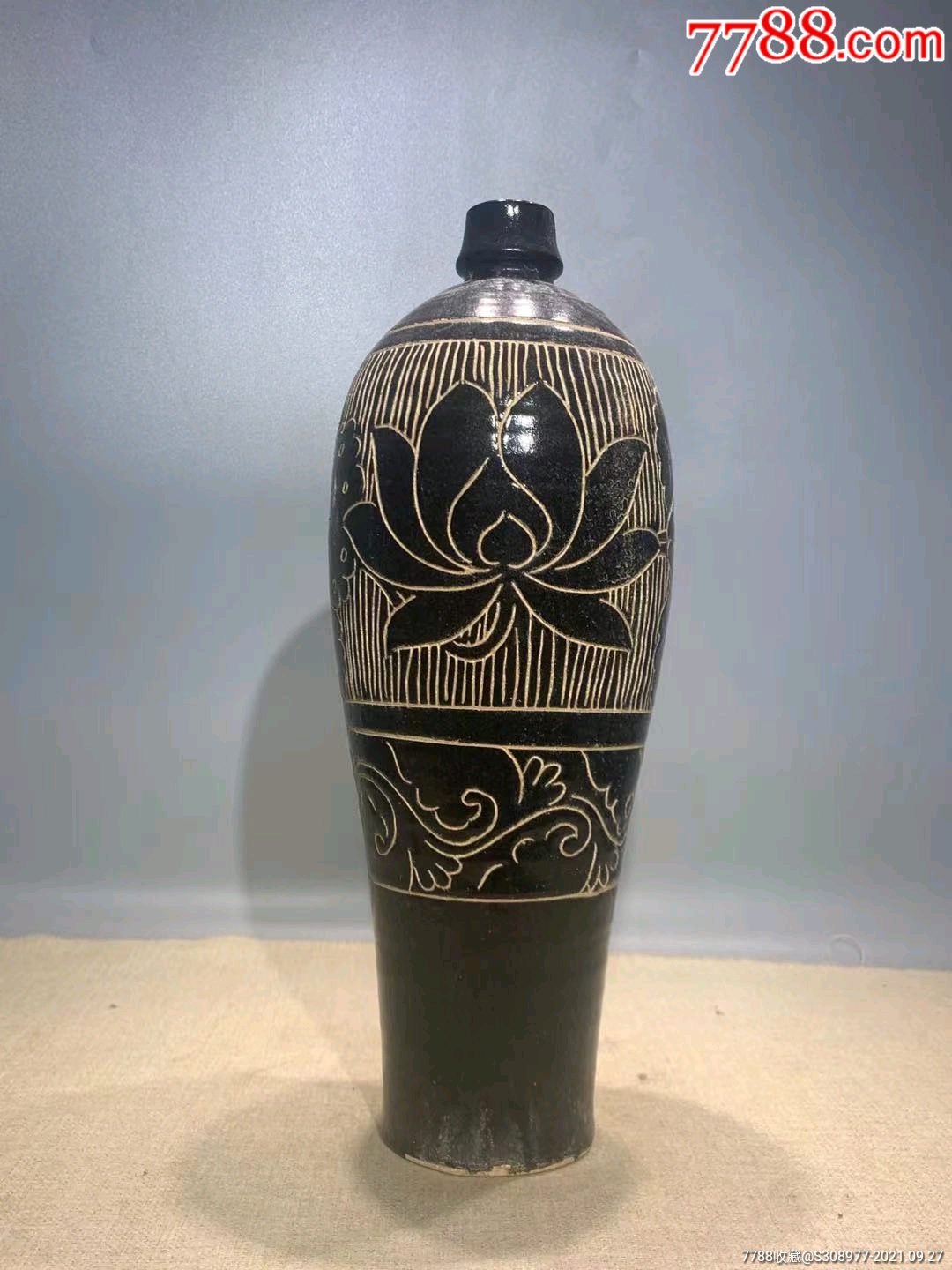 磁州窑黑釉刻花莲花梅瓶_价格1200元【老鹿收藏】_第1张_7788收藏
