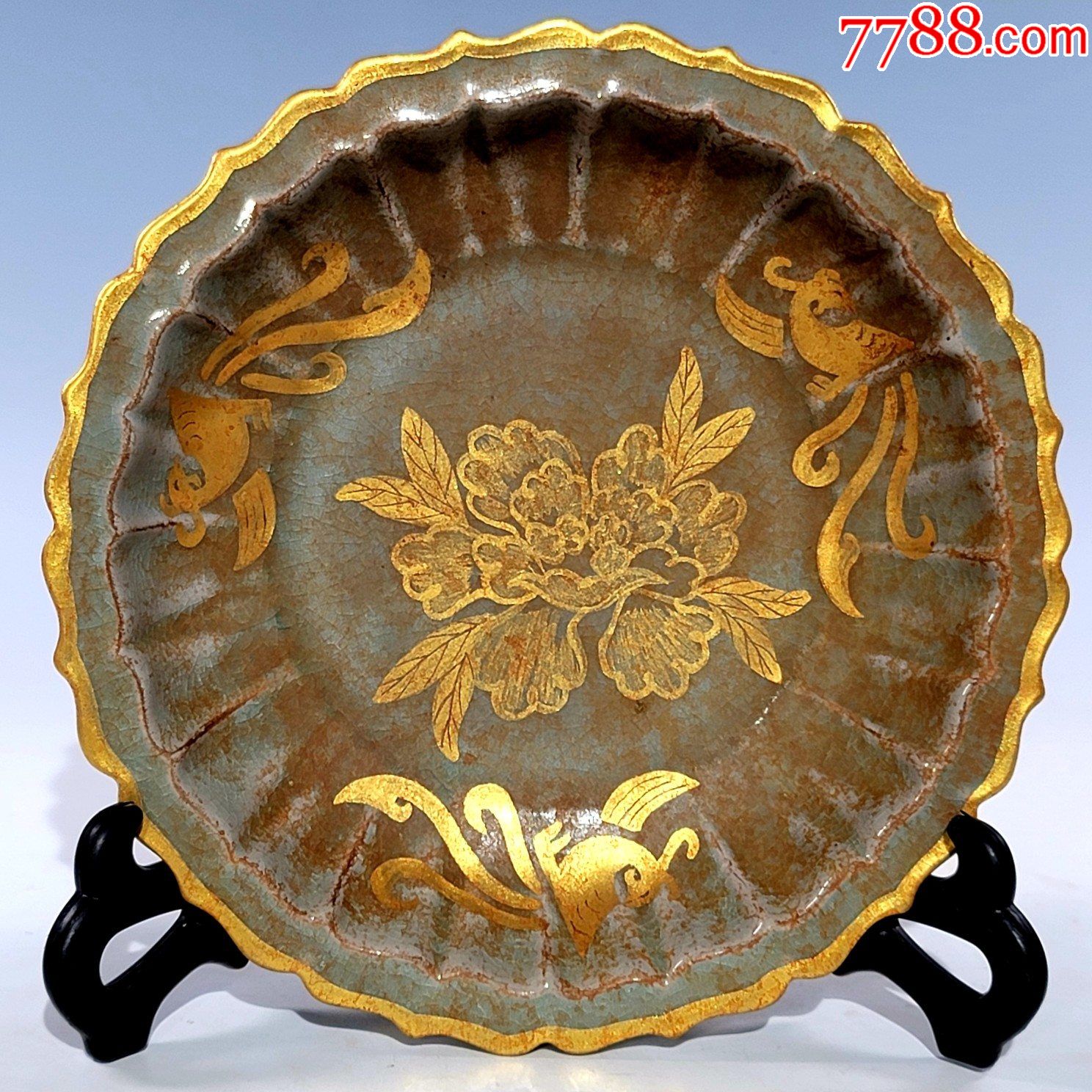 汝窑描金花卉纹洗尺寸419工艺品