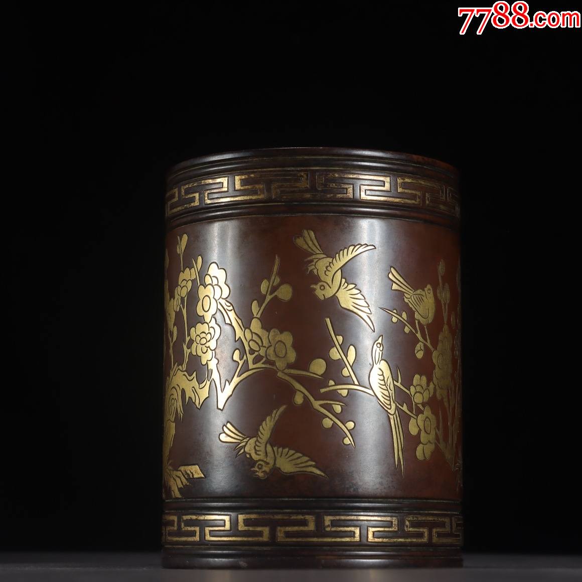 旧藏铜措金喜上眉梢笔筒