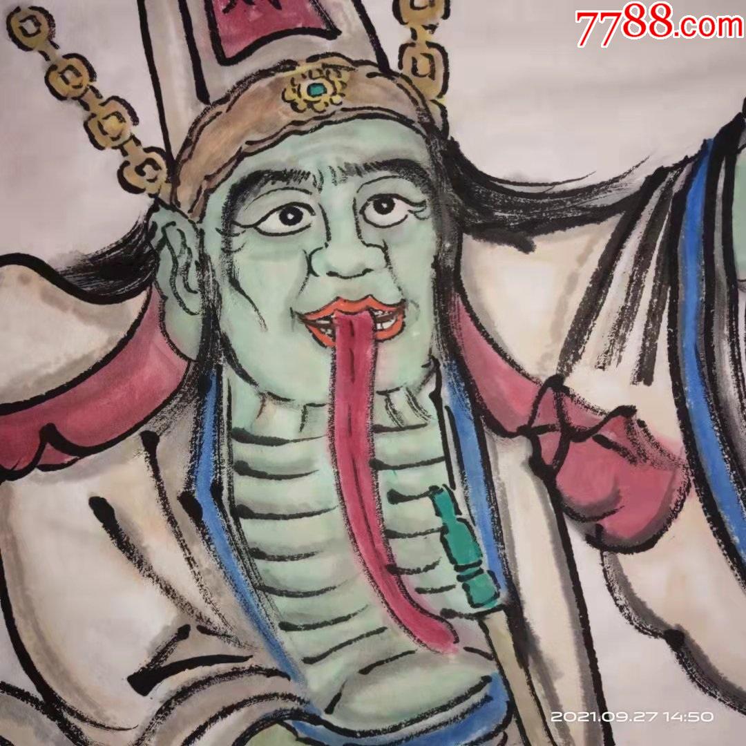 长136宽69厘米手绘人物画国画宣纸画七爷八爷黑白无常画像