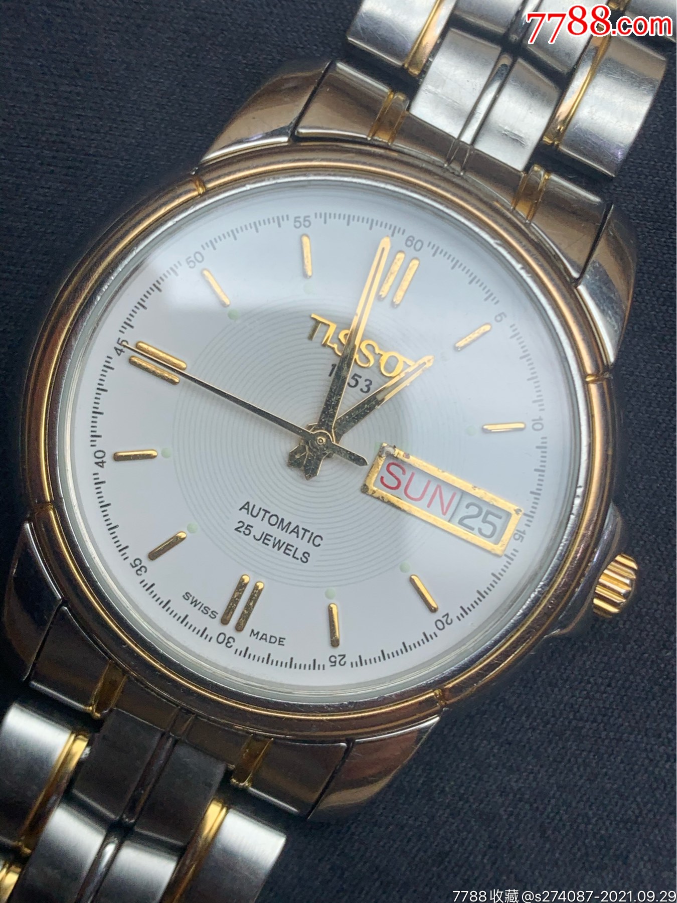 天梭a660/760自动机械男表,36mm表径,25钻,镀金圈表带,品相看图,走