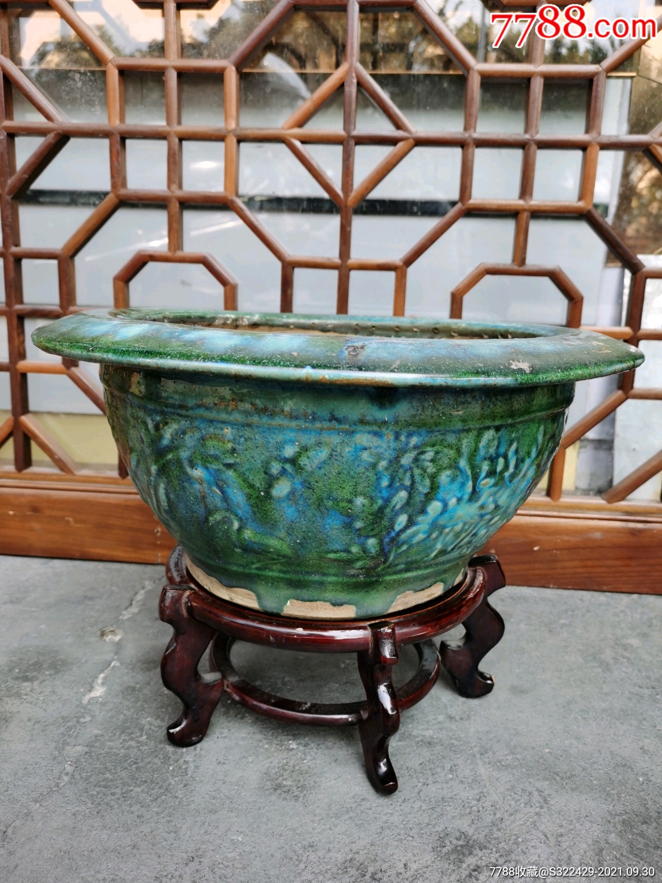 好品清代绿釉暗花梅兰菊竹大嘴唇花盆_价格1500元【我爱民间收藏】_第