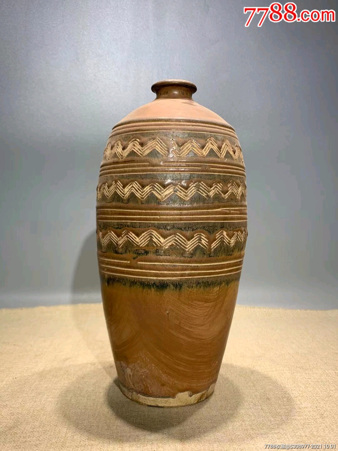 西夏紫金釉水波纹梅瓶_红釉瓷_老鹿收藏【7788收藏__收藏热线】