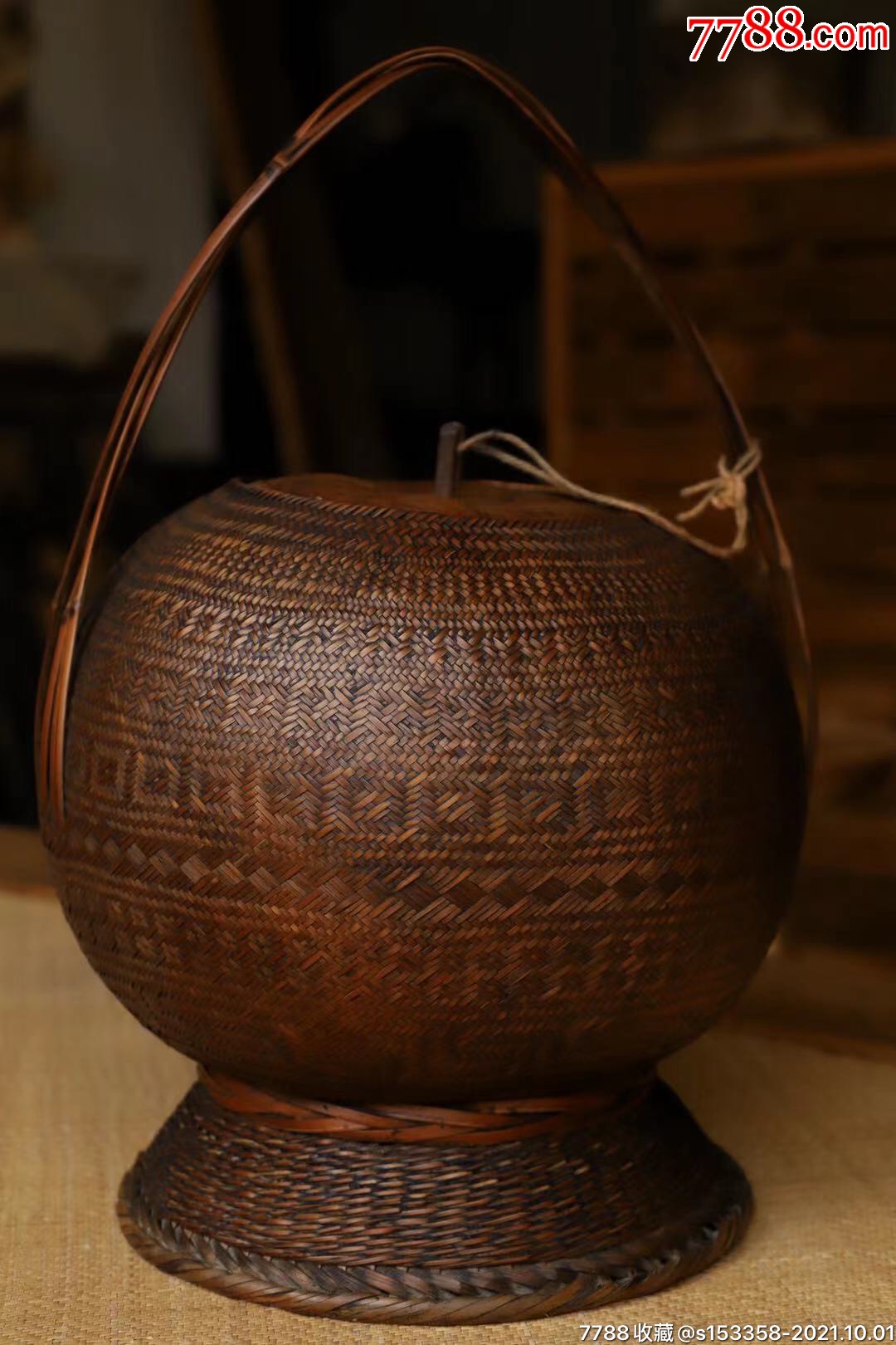 晚清竹编茶篮,手工编制图案,内置葫芦,原盖