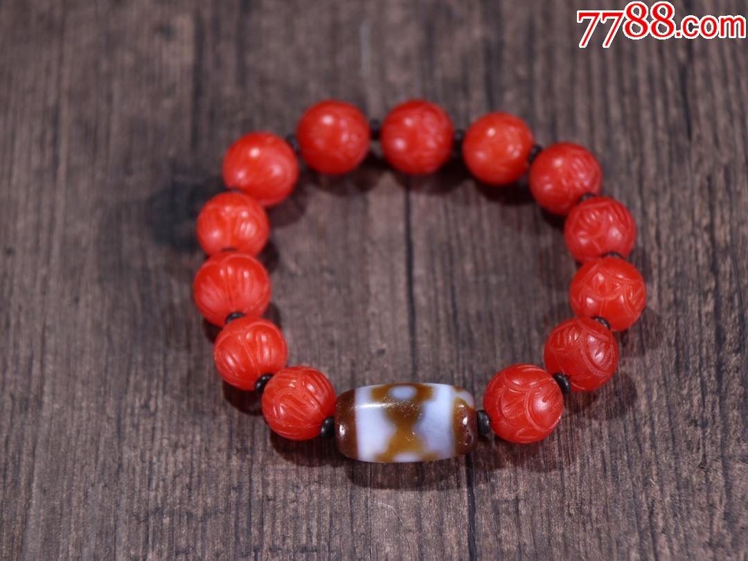 藏传精品三眼天珠莲花型红玛瑙手串