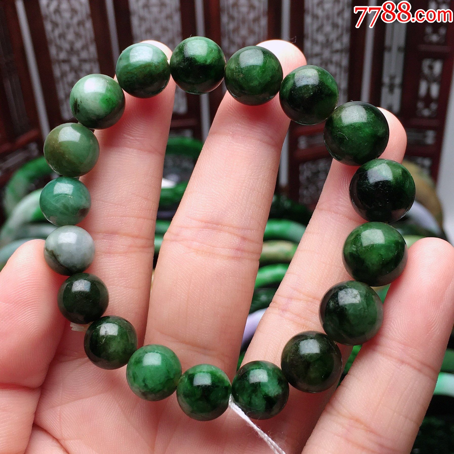 天然翡翠a货老坑花青种满绿圆珠水润珠串气精美手链手串