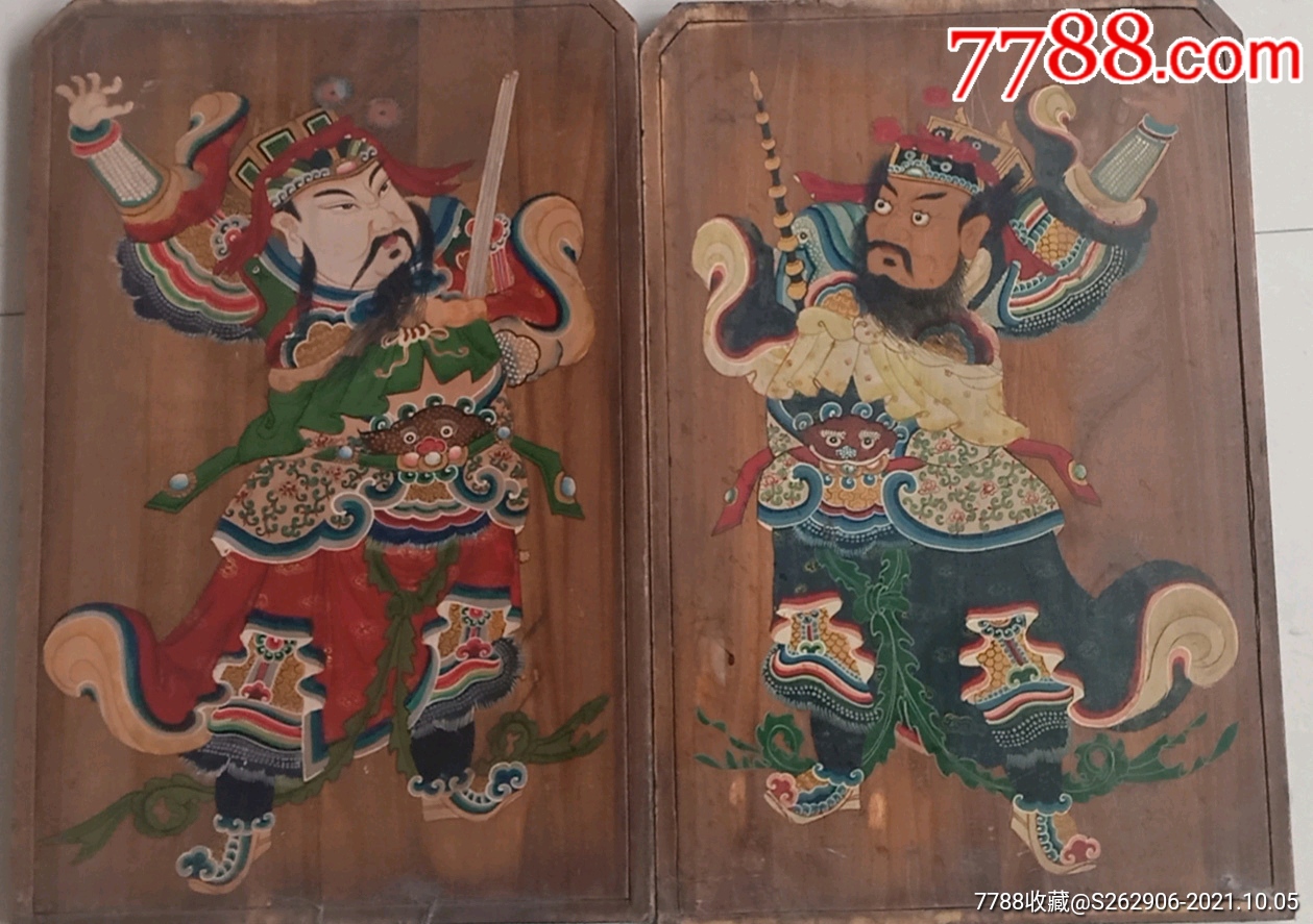 木板彩绘画门神一对