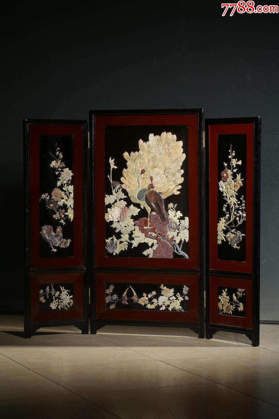 木胎漆器嵌寿山石花鸟纹屏风