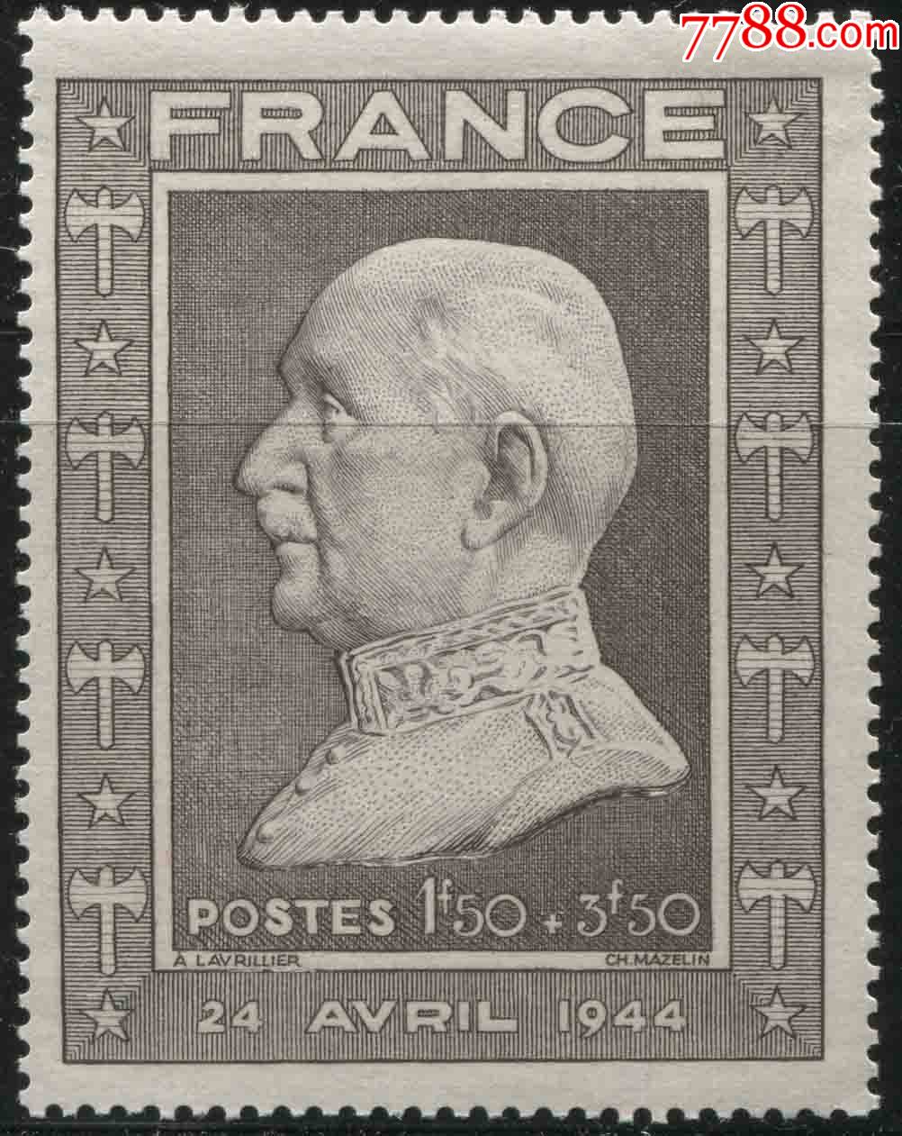 法国邮票1944年贝当元帅诞生88周年雕刻版1枚新fr01