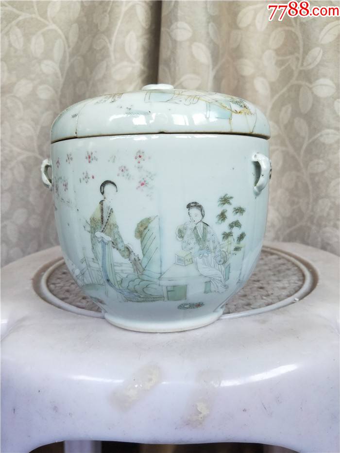 民国名家余远生仕女盖罐