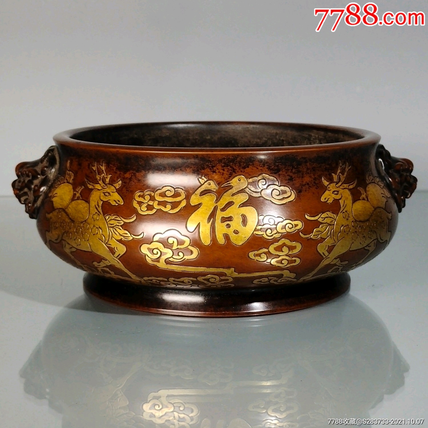 紫铜鎏真金手工錾刻福禄寿双狮头耳香炉