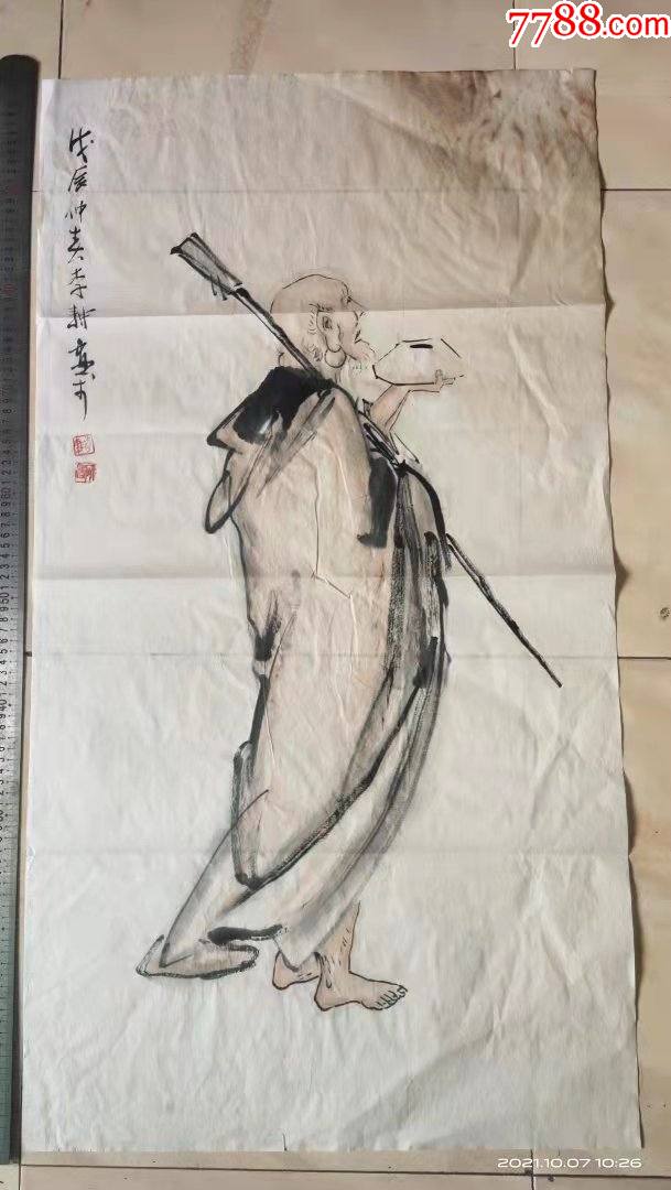 长100宽50厘米手绘人物画国画宣纸画达摩一苇渡江罗汉图