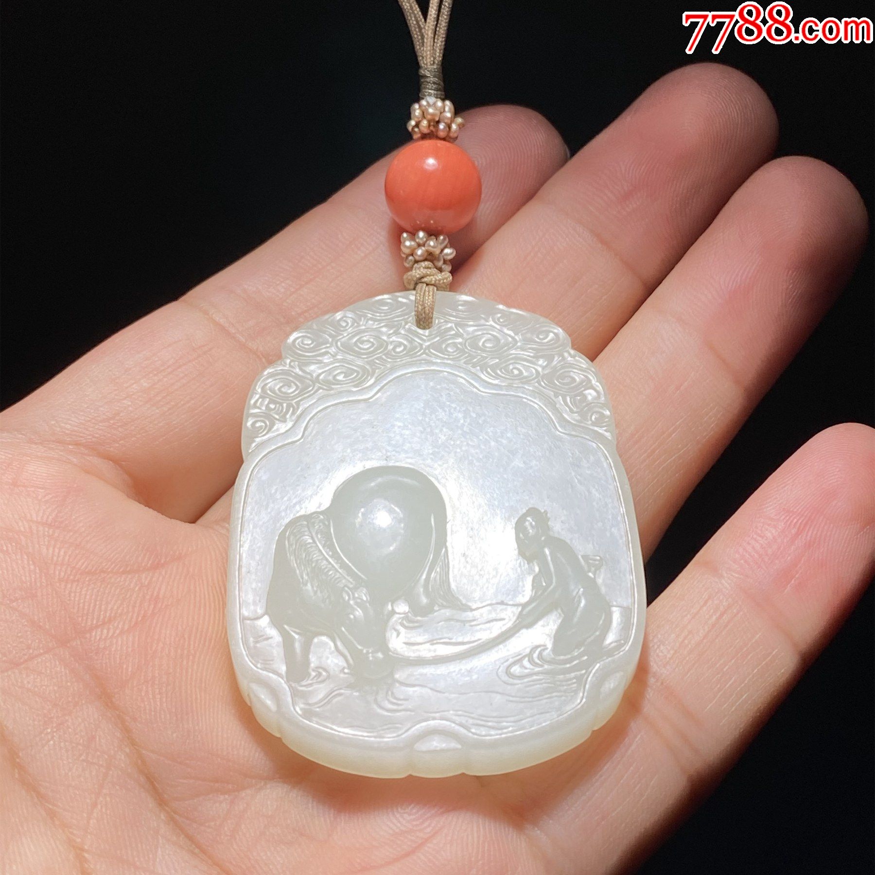 明清玉牌清乾隆和田玉籽料羊脂饮马图诗文玉牌文玩款玉佩