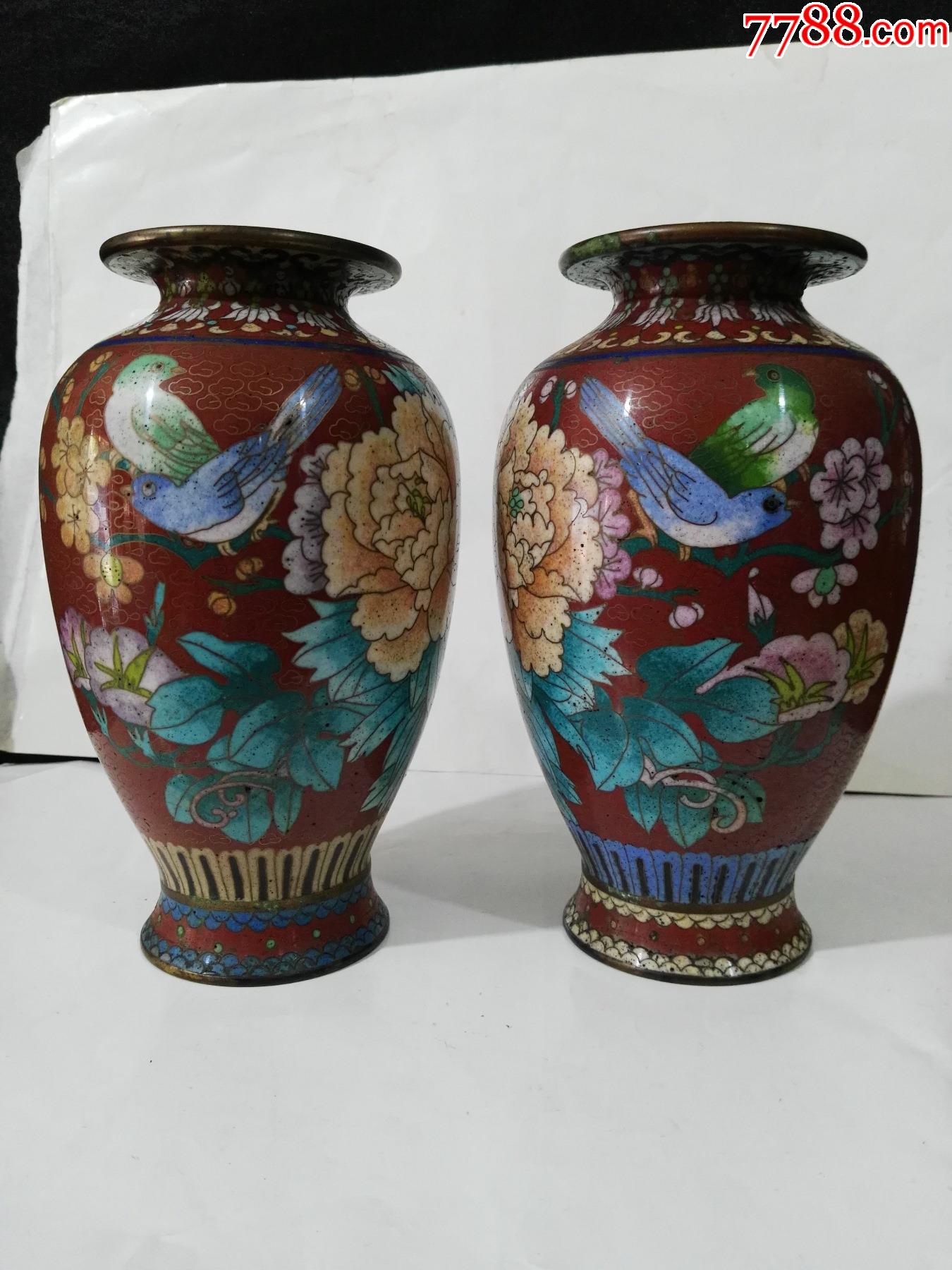 民国铜胎掐丝珐琅彩花瓶一对（花鸟画）没有任何磕碰_景泰蓝/珐琅