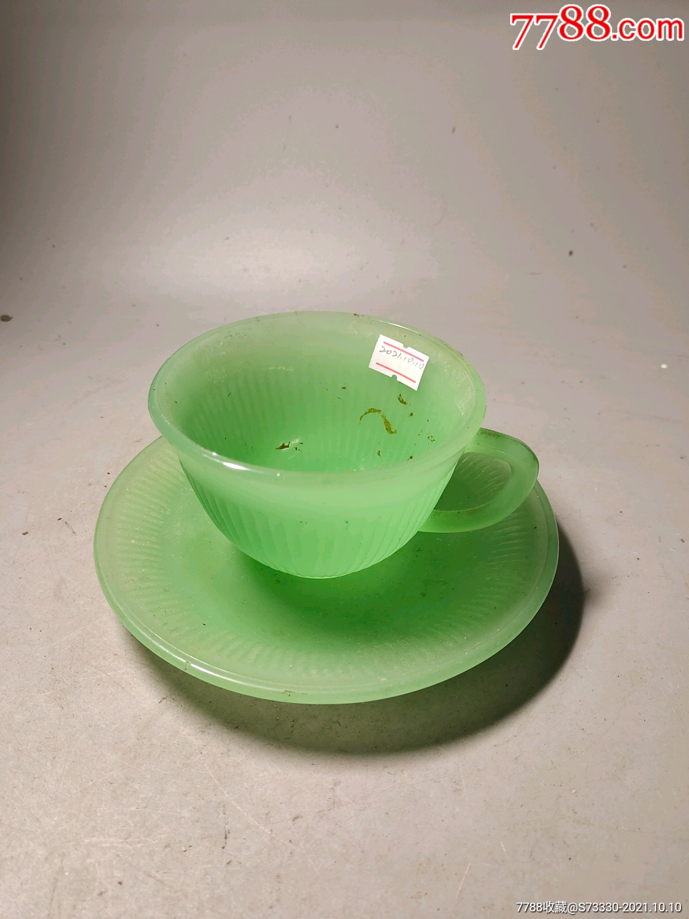 老料器,文革绿色琉璃托杯一套
