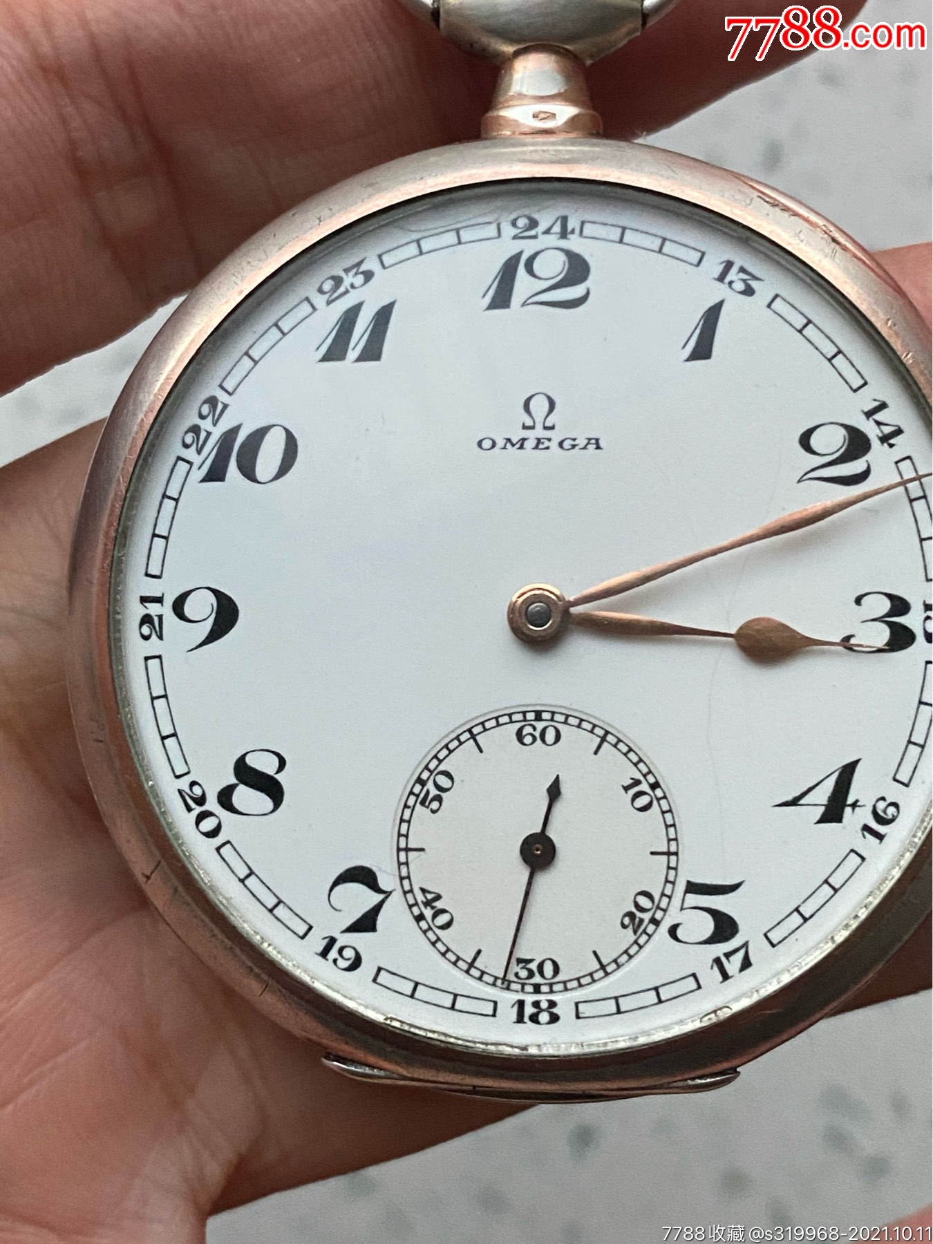 欧米茄怀表800银壳银标齐全走时正常金色机芯表径495毫米陶瓷盘面1